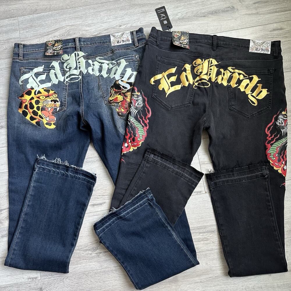 ED HARDY Ed Hardy Stacked Boot Cut 38x37 Men $300 Pair Bundle Black/Blue